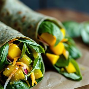 healthy tortilla wrap with mangos and fresh veggies